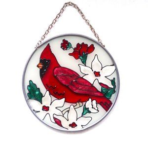 Stained Glass Sun Catcher Cardinals Winter Holly Christmas Joan Baker VTG Gift